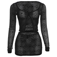See through hollow out slit long sleeve mini skirt set