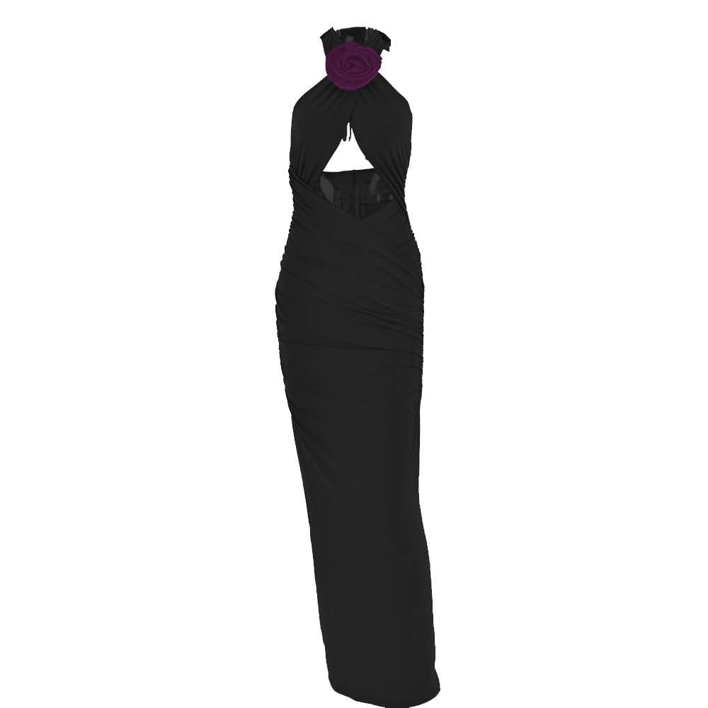 Ruched halter flower applique hollow out cross front contrast maxi dress  | red tango dress  | black rave dress