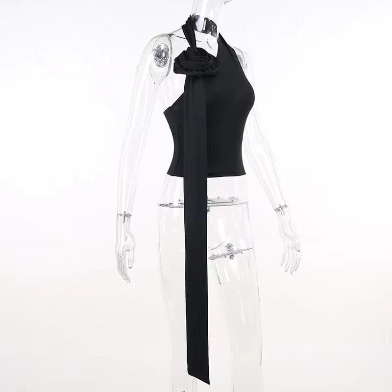 Halter solid flower applique ribbon backless sleeveless crop top