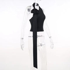Halter solid flower applique ribbon backless sleeveless crop top