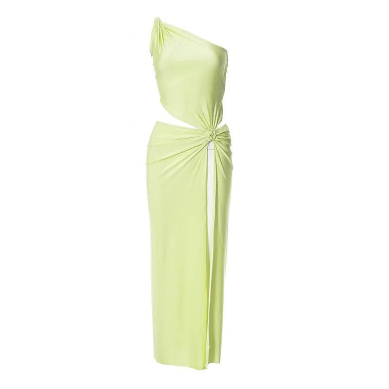 Knotted irregular one shoulder hollow out slit maxi dress  | red tango dress
