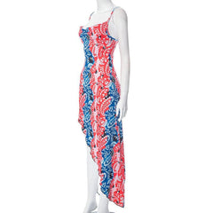 Irregular v neck backless contrast print cowl neck cami midi dress  | red tango dress