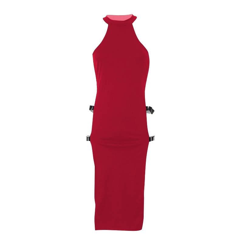 Buckle sleeveless solid slit halter mini dress  | red tango dress