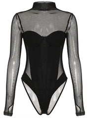 High neck long sleeve mesh bustier bowknot bodysuit