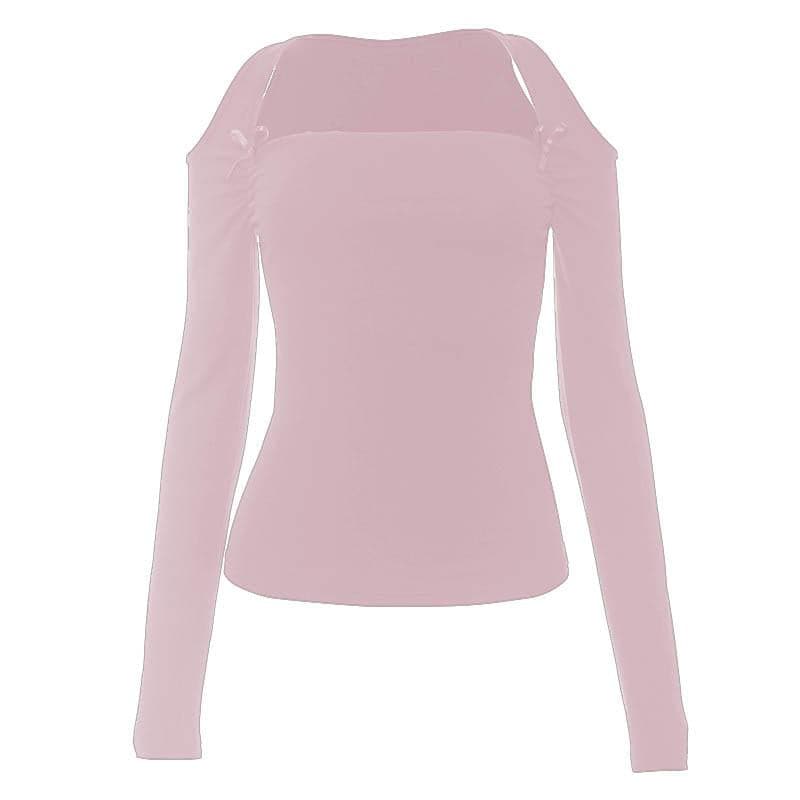 Ruched bowknot hollow out long sleeve solid cut out top