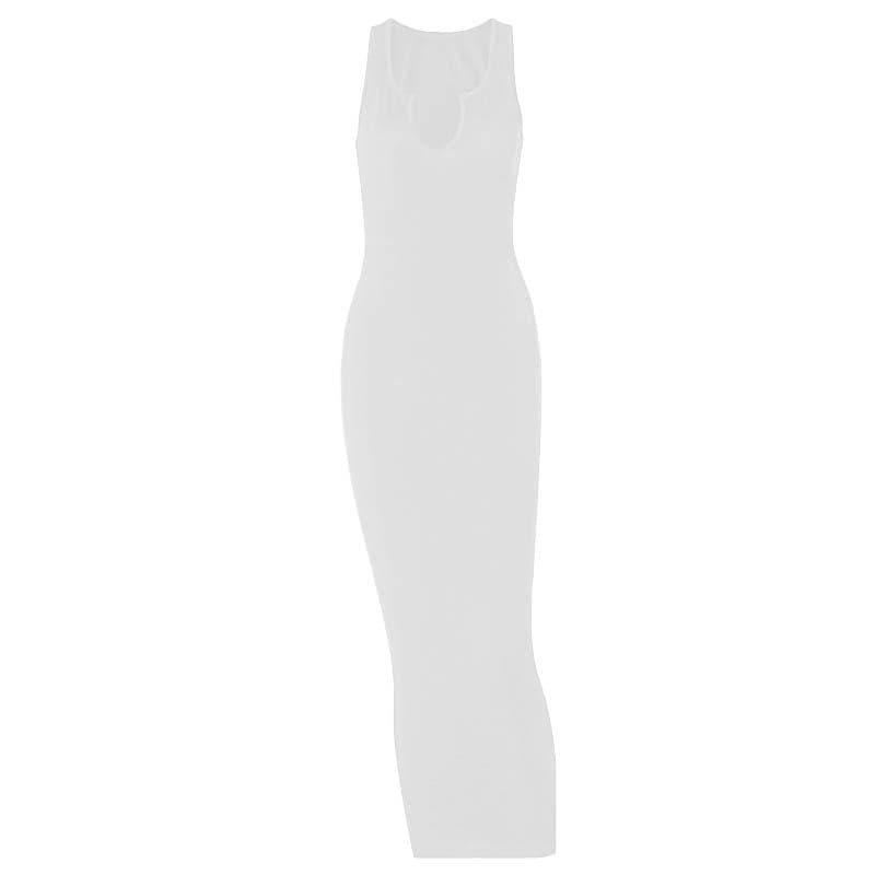 Ribbed notch neck sleeveless low cut solid maxi dress  | red tango dress