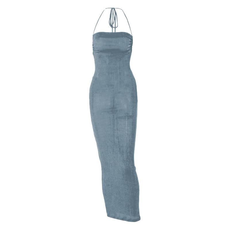 Halter ruched backless lace up solid self tie maxi dress