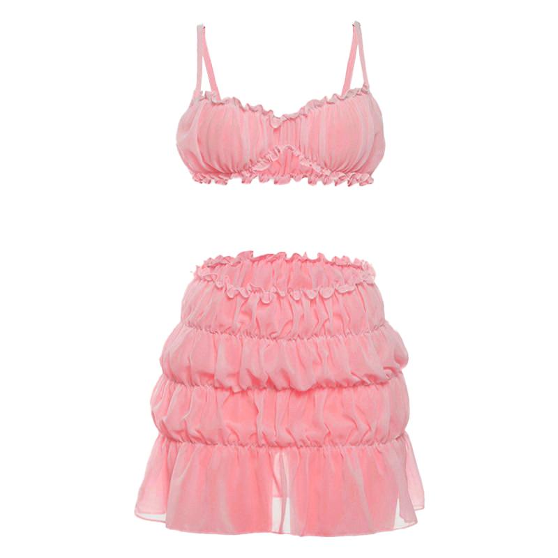 Ruffle ruched solid cami mini skirt set