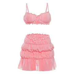 Ruffle ruched solid cami mini skirt set