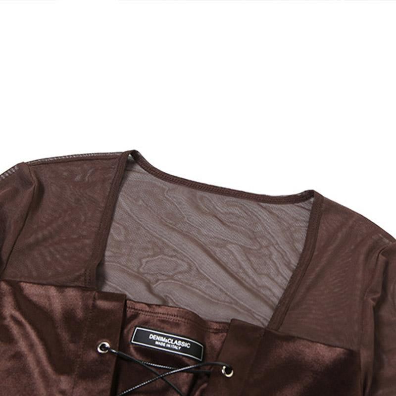 Long sleeve mesh square neck lace up top