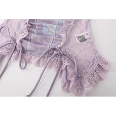 V neck long sleeve lace hem mesh patchwork bowknot top
