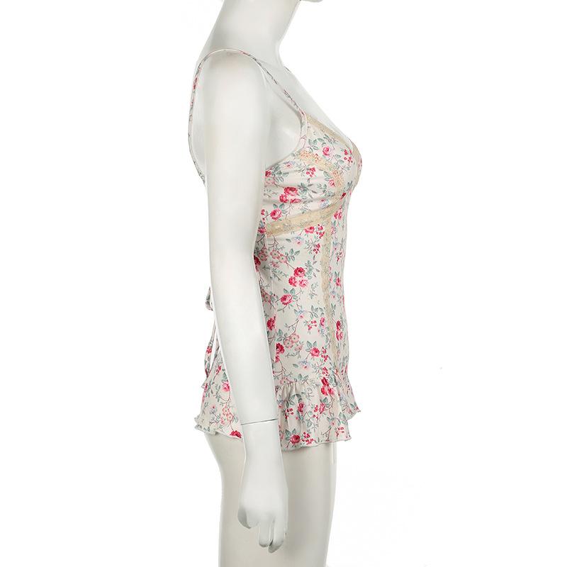 Print v neck lace hem ruffle knotted cami top