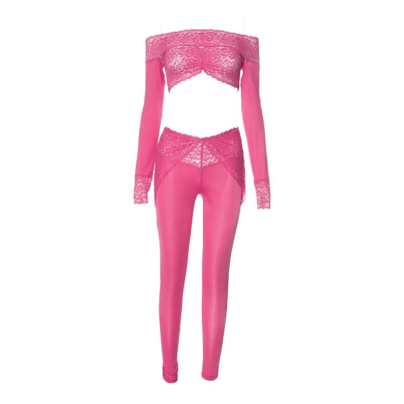Long sleeve off shoulder see through lace pant set