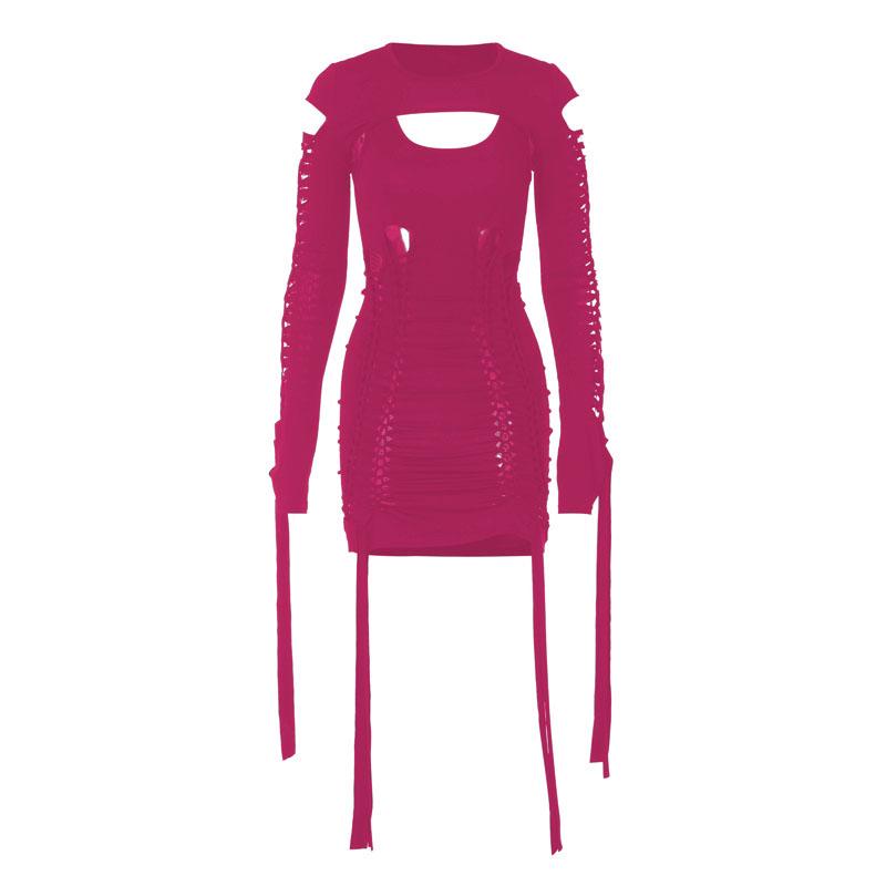 Hollow out solid long sleeve shrug ribbon u neck 2 piece dress  | red tango dress