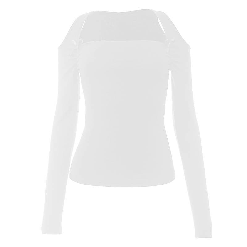 Ruched bowknot hollow out long sleeve solid cut out top