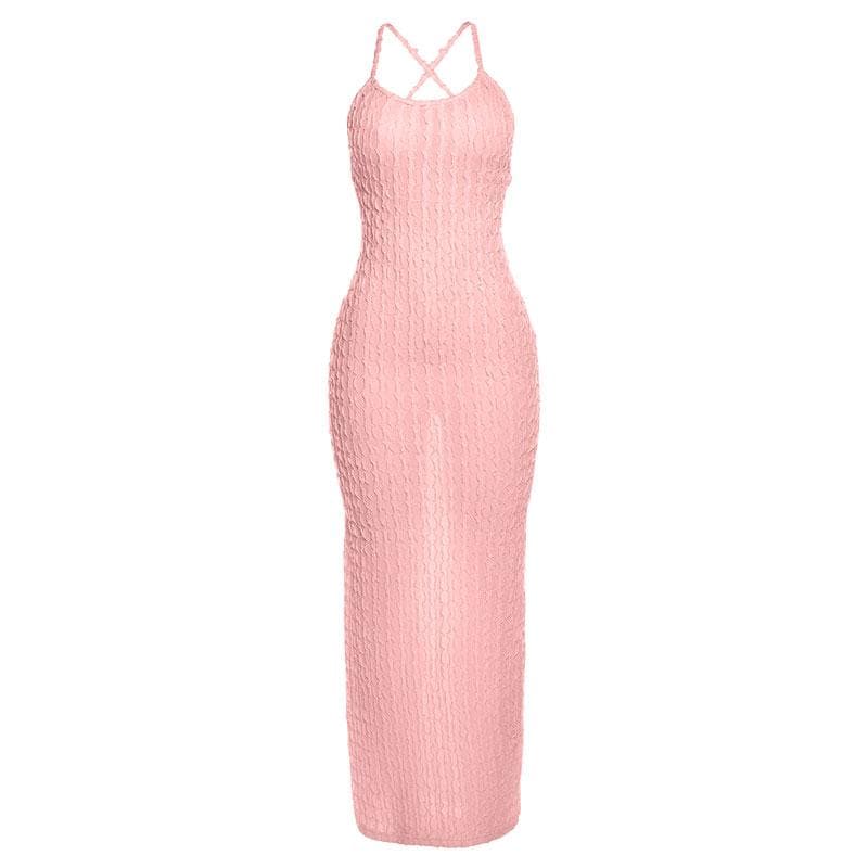 Cross back self tie backless u neck textured solid maxi dress  | red tango dress