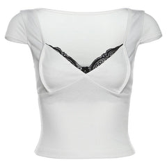 Short sleeve lace hem v neck contrast top