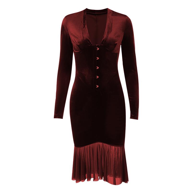 Velvet button ruffle long sleeve v neck solid midi dress  | red tango dress