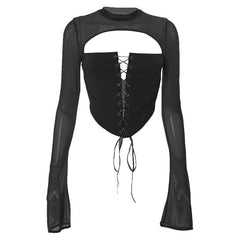 Lace up flared sleeve crewneck corset hollow out backless cut out top