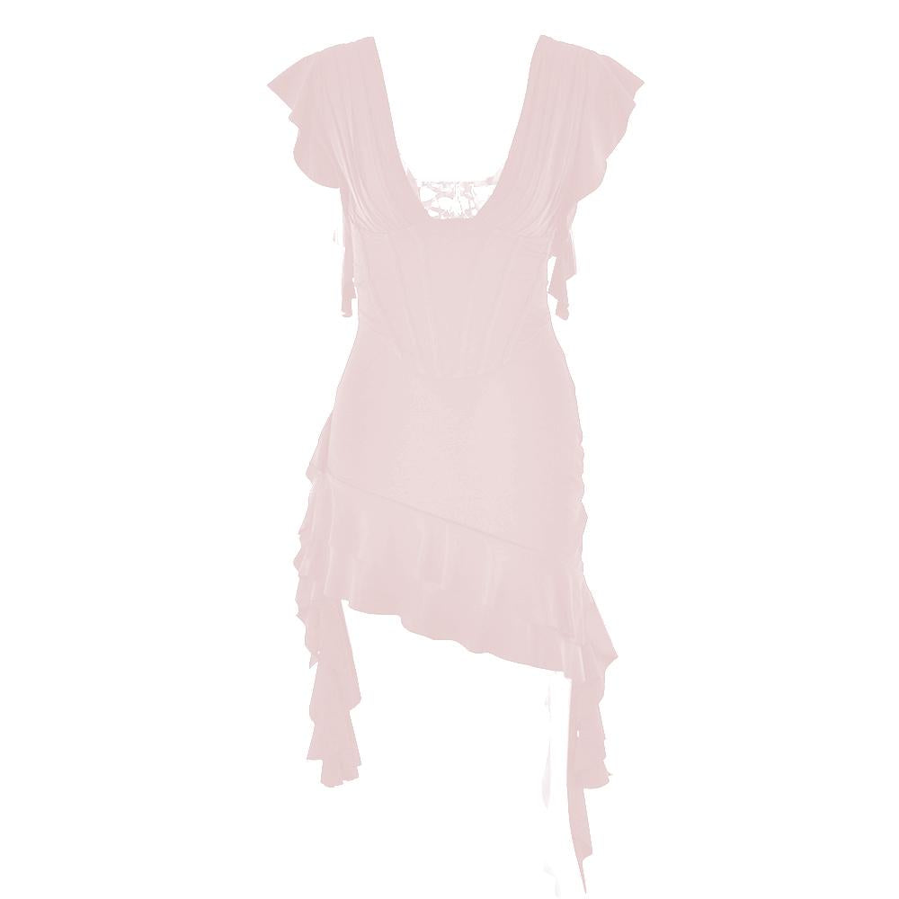V neck ruffle irregular corset lace up mini dress  | red tango dress