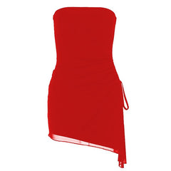 Drawstring ruched mesh irregular tube mini dress  | red tango dress