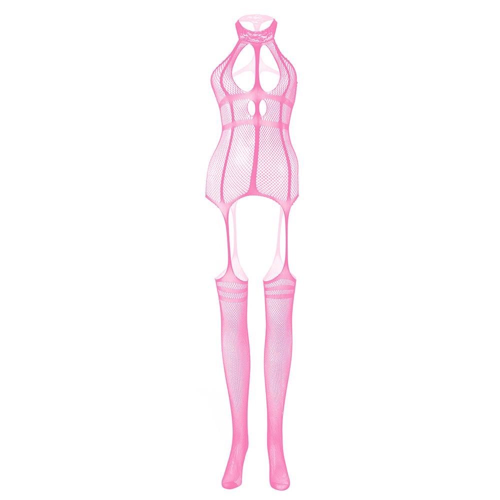 High neck fishnet suspender strappy bodystocking