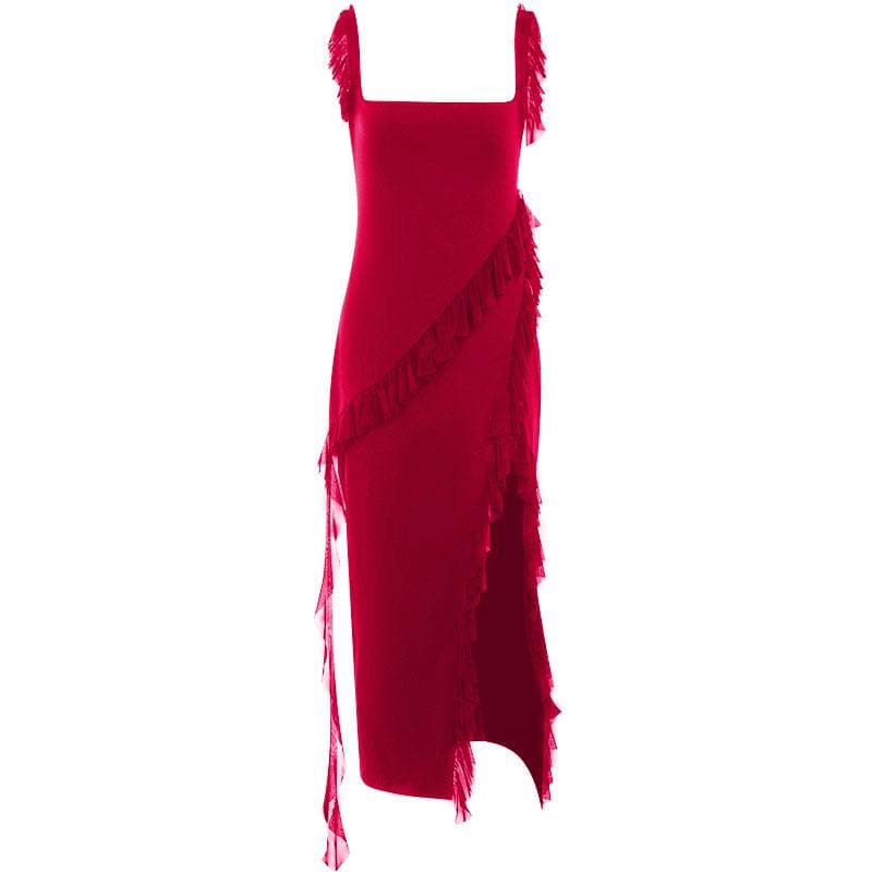 Ruffle cap sleeve slit square neck irregular solid maxi dress  | red tango dress