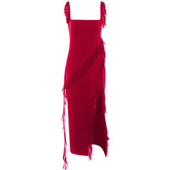 Ruffle cap sleeve slit square neck irregular solid maxi dress  | red tango dress
