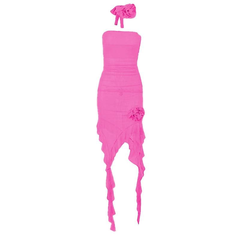 Solid slit sheer mesh see through flower applique mini dress  | red tango dress  | samba dress