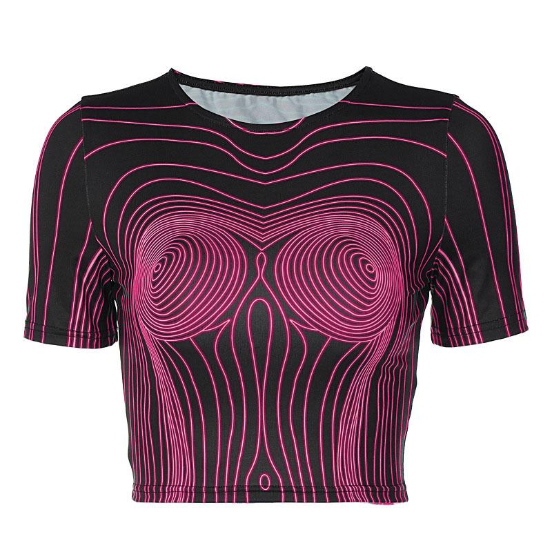 Short sleeve round neck contrast abstract print crop top