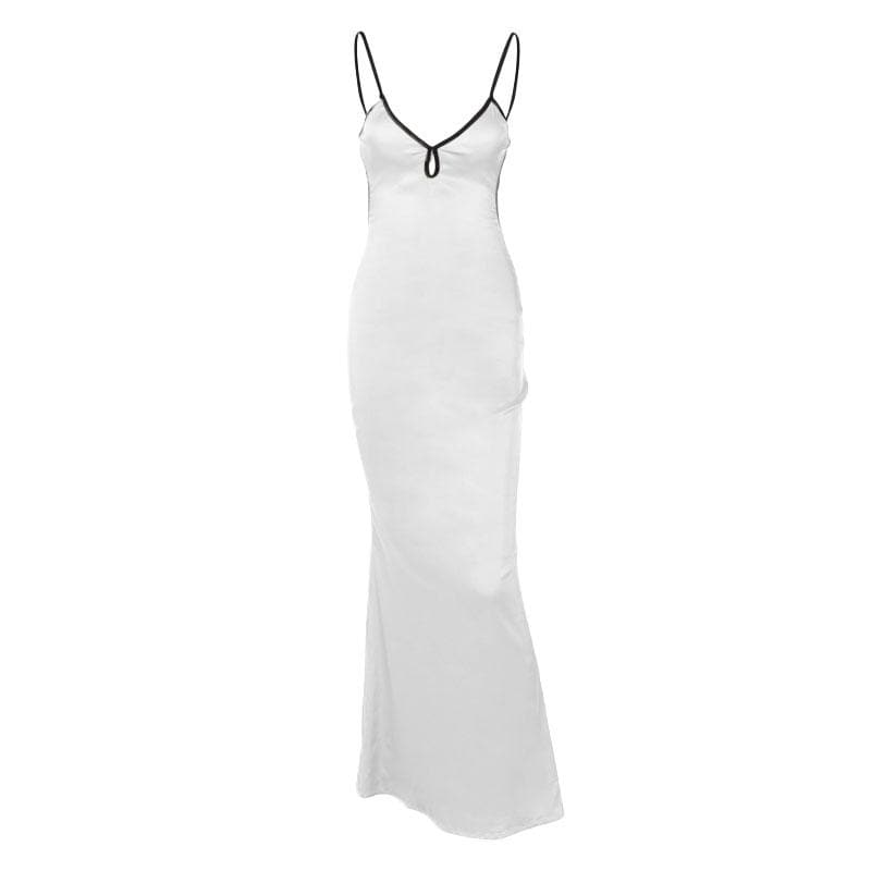 Backless v neck self tie contrast hollow out cami maxi dress