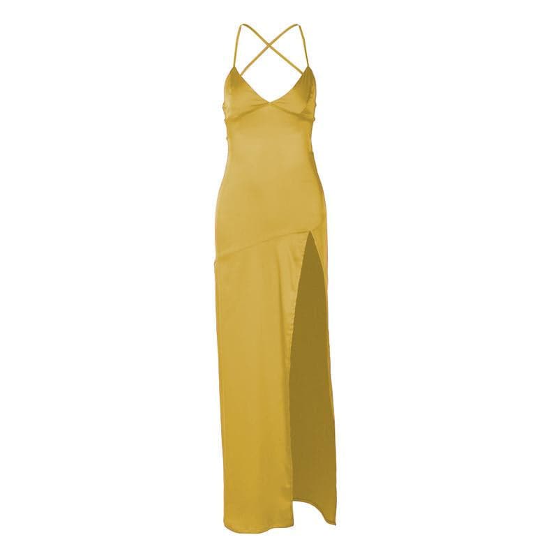 Slit cross back satin backless solid v neck maxi dress  | red tango dress  | black rave dress