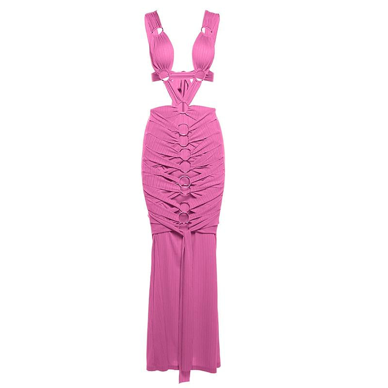 O ring textured hollow out self tie ruched tank maxi dress  | red tango dress
