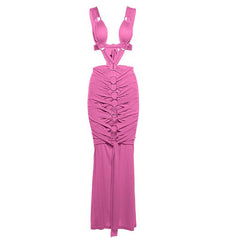 O ring textured hollow out self tie ruched tank maxi dress  | red tango dress