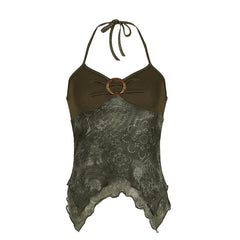 Ruched buckle print mesh ruffle cami top