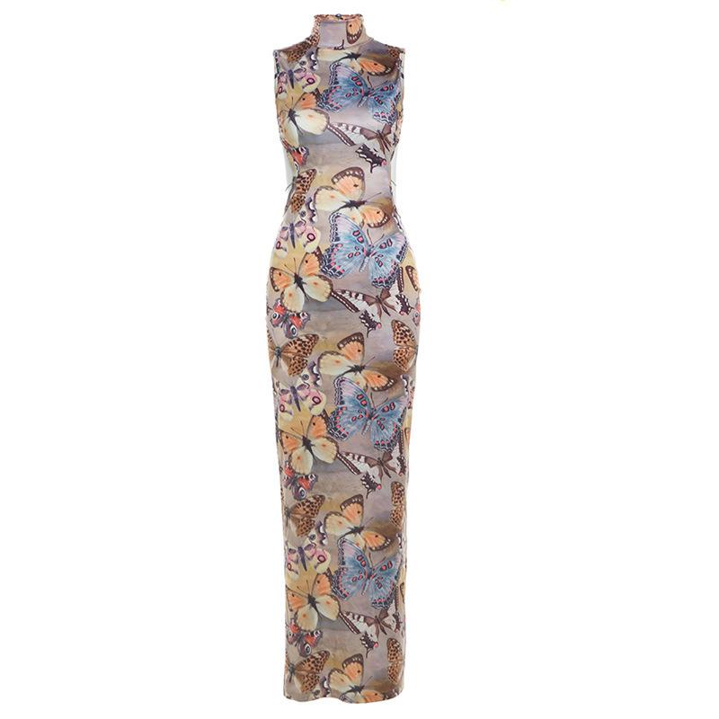 High neck butterfly pattern o ring button maxi dress