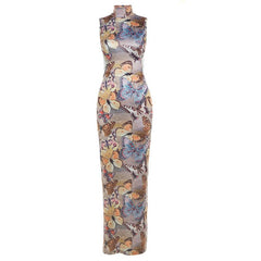 High neck butterfly pattern o ring button maxi dress