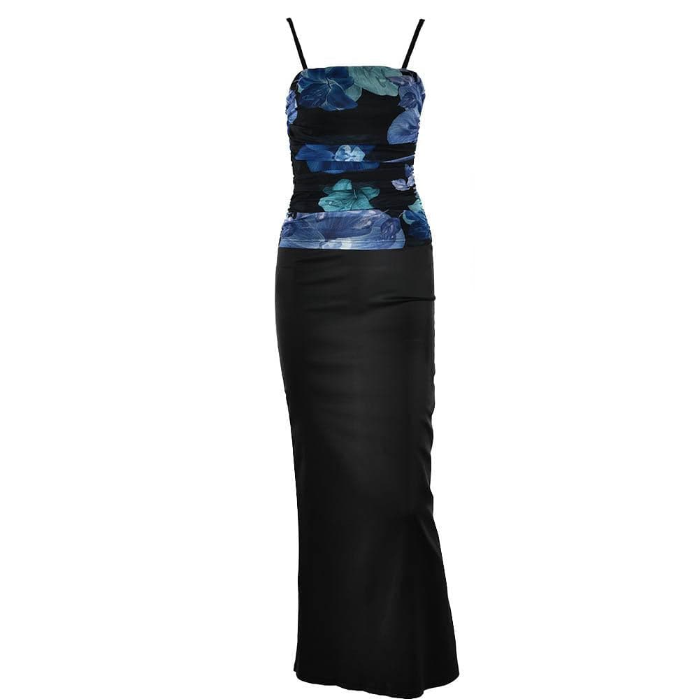 Ruched flower print zip-up square neck contrast slit maxi dress  | red tango dress