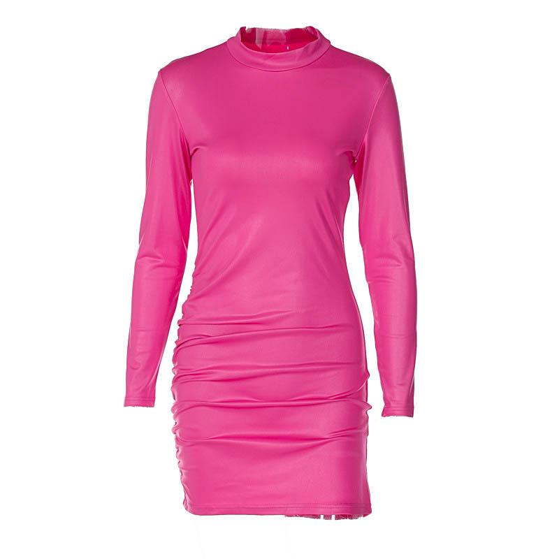 Ruched solid long sleeve high neck mini dress  | red tango dress