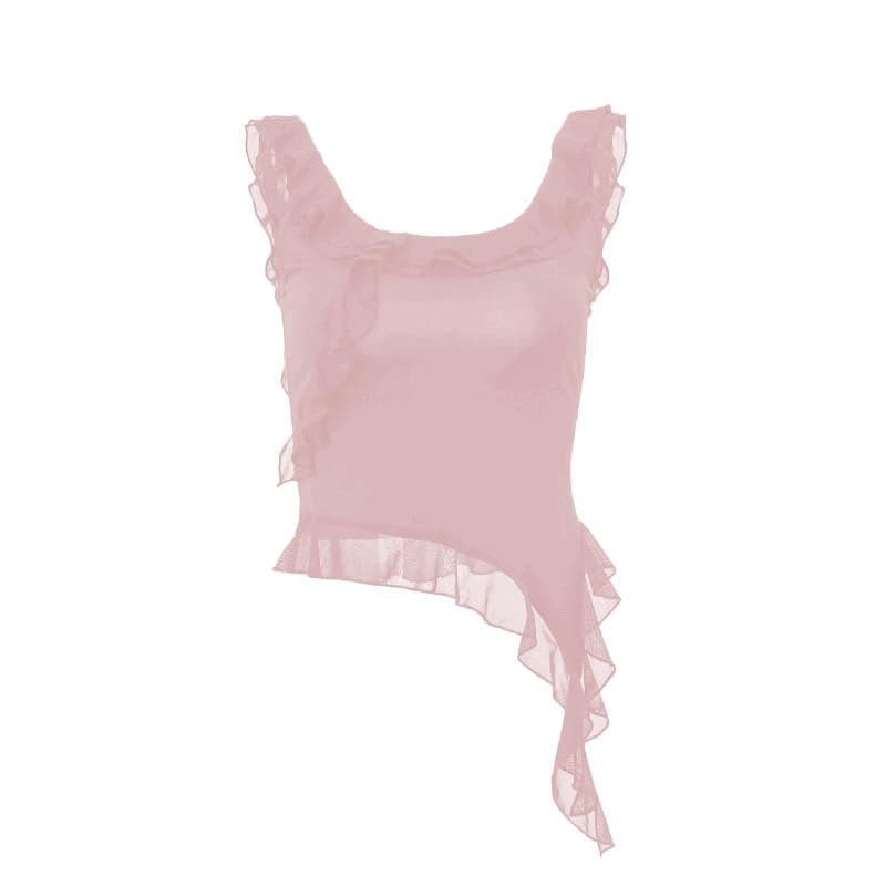 Ruffle u neck solid sleeveless irregular crop top