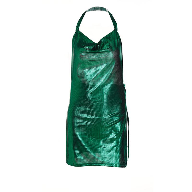 Halter cowl neck metallic high slit backless mini dress