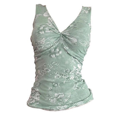 V neck ruched flower print tank top
