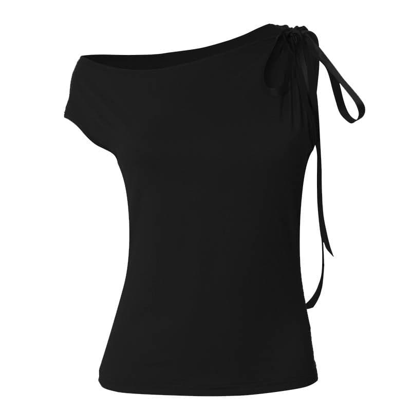 Self tie off shoulder solid irregular top