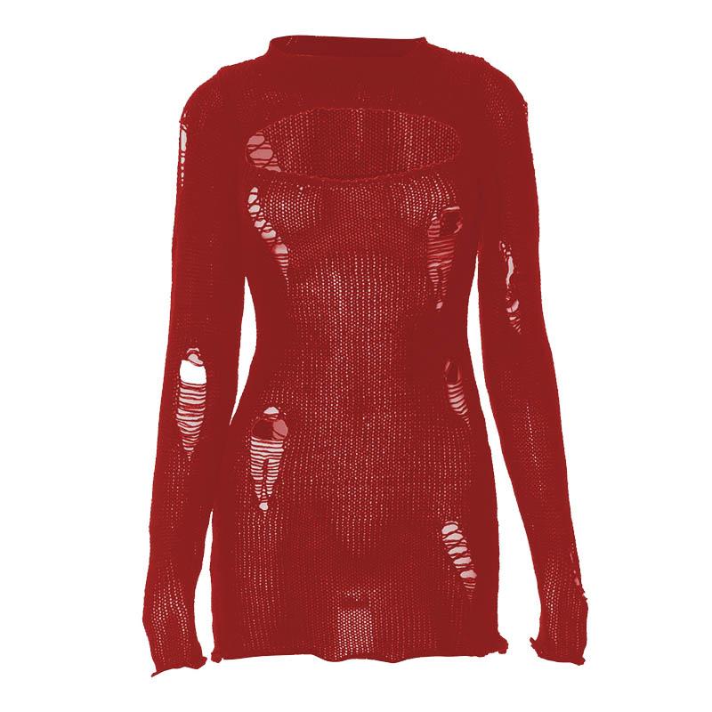 Crochet hollow out solid long sleeve mini dress  | red tango dress