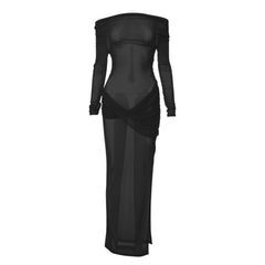 Long sleeve off shoulder sheer mesh ruched slit maxi dress  | red tango dress  | samba dress