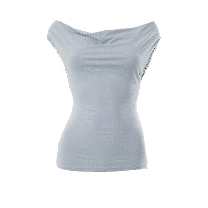 Cowl neck solid cap sleeve backless self tie ruched crop top