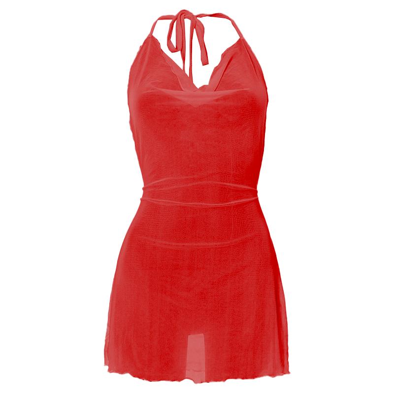 Halter cowl neck sheer mesh ruffle mini dress  | red tango dress  | samba dress