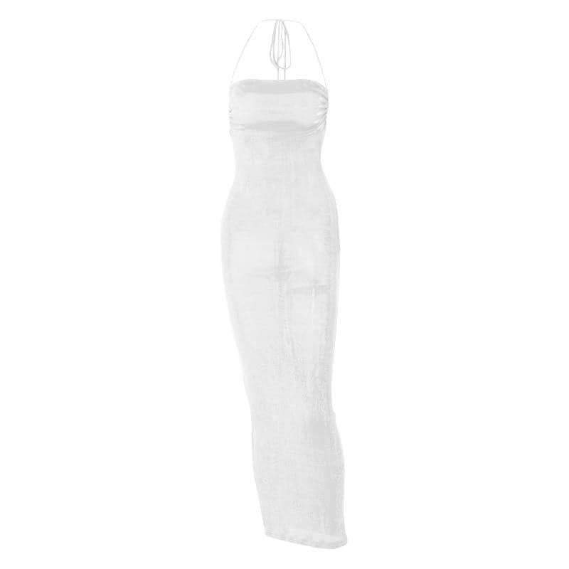 Halter ruched backless lace up solid self tie maxi dress