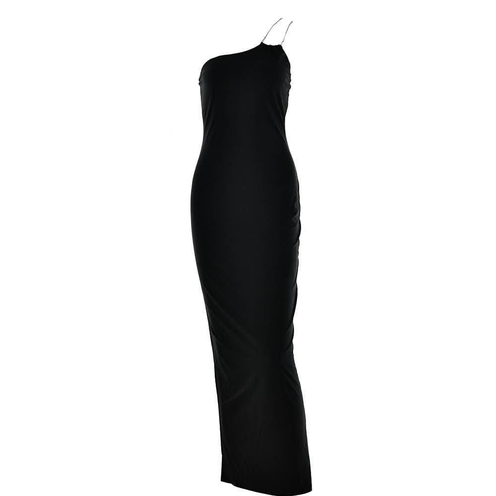 Metal chain one shoulder solid slit maxi dress  | red tango dress