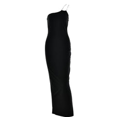 Metal chain one shoulder solid slit maxi dress  | red tango dress